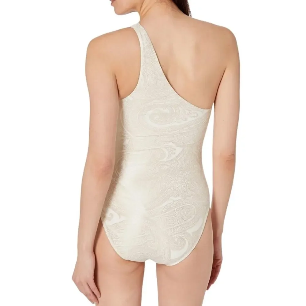 Lauren Ralph Lauren Gold Paisley One-Shoulder Swimsuit, Size 6, NWT